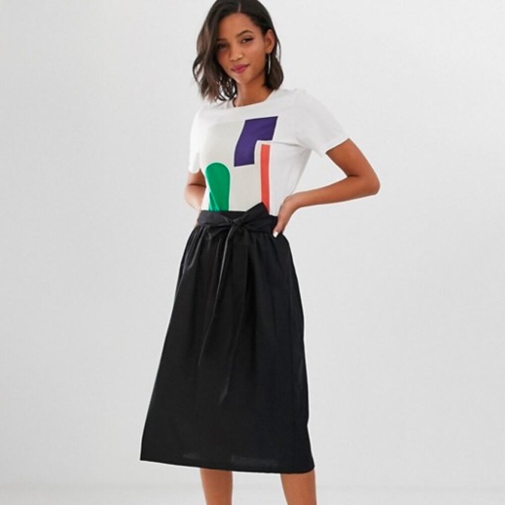 ASOS DESIGN Womens Linen Blend Midi Skirt Size 8 Black High Rise Tie Waist